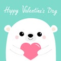 Happy Valentines Day. White bear head face holding pink heart. Love card. Cute cartoon kawaii funny baby animal character. Flat Royalty Free Stock Photo