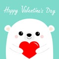 Happy Valentines Day. White bear head face holding red heart. Cute cartoon kawaii funny baby animal character. Love card. Flat Royalty Free Stock Photo