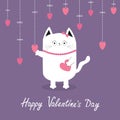 Happy Valentines Day. White cat Hanging pink hearts. Dash line. Heart set Cute cartoon character. Kawaii animal. Love Greeting car