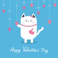 Happy Valentines Day. White cat Hanging pink hearts. Dash line. Heart set Cute cartoon character. Kawaii animal. Love Greeting Royalty Free Stock Photo