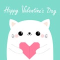 Happy Valentines Day. White cat kitten head face holding pink origami paper heart. Cute cartoon kawaii funny baby kitty animal Royalty Free Stock Photo