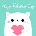 Happy Valentines Day. White cat kitten head face holding pink paper heart. Cute cartoon kawaii funny baby kitty animal character. Royalty Free Stock Photo