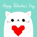 Happy Valentines Day. White cat kitten head face holding red origami paper heart. Cute cartoon kawaii funny baby kitty animal Royalty Free Stock Photo