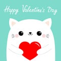 Happy Valentines Day. White cat kitten head face holding red paper heart. Cute cartoon kawaii funny baby kitty animal character. Royalty Free Stock Photo