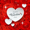 Happy Valentines day white heart paper on red rose Royalty Free Stock Photo