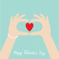 Happy Valentines day. Woman hands in the form of heart. Female holding red heart shape sign. Flat design style. Blue background.