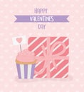 Happy valentines day, wrapped gift box and cupcake hearts background