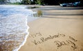 Happy Valentines day! written in sand on tropical beach Royalty Free Stock Photo