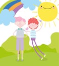 Happy valentines day, young men celebrating rainbow and sunny day cartoon