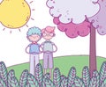 Happy valentines day, young men in the grass tree sunny day cartoon