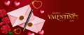 Happy valentines greeting vector design. Happy valentine`s day text with elegant roses, pen and envelope elements for valentine. Royalty Free Stock Photo