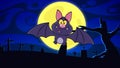 Happy Vampire Bat Cartoon Character Flying In Graveyard On Halloween