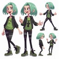 Happy Vampire Girl With Green Hair And Sneakers In Multiple Poses, Pixar Style