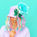 Happy Vanilla Summer Girl with flowers. Candy colors design. Bucket hat trends Royalty Free Stock Photo