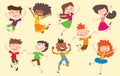 Happy vector children kids jumping poses cute young boys and girls collection. Jumping cheerful child group and funny