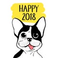 Happy 2018 vector illustration with Boston Terrier. Chinese New Year hand drawn card.