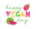 Happy vegan day. Banner in cartoon style. Fresh tropical fruits, harvesting. Watermelon and dragon fruit, Pitahaya