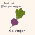 Happy Vegan day card. Doodle style illustration. Greeting card with inscription Go vegan. Eat your veggies cards. Vegetables Royalty Free Stock Photo