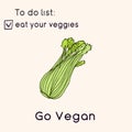 Happy Vegan day card. Doodle style illustration. Greeting card with inscription Go vegan. Eat your veggies cards. Vegetables Royalty Free Stock Photo