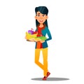 Happy Vegan Girl With Plate Of Fruits And Vegetables Vector. Isolated Cartoon Illustration