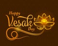 Happy vesak day banner with abstract gold lotus flower sign and typography text on brown texture background vector design