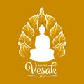 Happy vesak day banner with Buddha Meditation in around gold bodhi leaf sign vector design