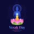 Happy vesak day banner with lotus lamp light for worshiping the Buddha on dark blue background vector design