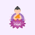 Happy Vesak day or buddha purnima. Lord Buddha meditating on lotus in flat vector illustration