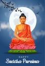 Happy Vesak Day, Buddha Purnima wishes greetings with buddha and lotus illustration. Can be used for poster, banner, logo, Royalty Free Stock Photo