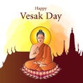 Happy Vesak Day Buddha sit on lotus with silhouette temple and water colour background