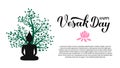 Happy Vesak Day calligraphy hand lettering and silhouette of Buddha under tree. Indian holiday Vesak typography poster. Vector