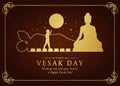 Happy vesak day card with Gold Buddha Nativity , Pour , nirvana sign and full moon time vector design