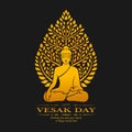 Happy Vesak day - Gold Buddha Meditate under Bodhi Tree on dark background vector design