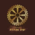 Happy Vesak day - Gold Dharmachakra or Wheel of Dhamma art vector design