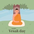 Happy Vesak day. Sanskrit Translation Festival of Buddha Birth. Cute Lord Buddha in yellow robe meditating under Bodhi