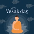 Happy Vesak Day Vector Card. Lord Buddha sitting on lotus seat with rays of light. Translation from Sanskrit Festival of