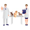 Happy vet doctor and hurse with dogs and cat. Pet shop poster dog and cat silhouette. Vector Royalty Free Stock Photo
