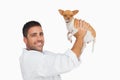 Happy vet lifting up chihuahua Royalty Free Stock Photo