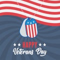 Happy veterans day, army token on waving american flag, US military armed forces soldier