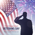 Happy veterans day banner, greeting card. Waving american flag on blue sky background, fireworks. National holiday of the USA Royalty Free Stock Photo