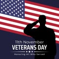 Happy veterans day banner, silhouette of a saluting us army soldier veteran on flag background. US national day november 11 Royalty Free Stock Photo