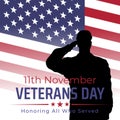 Happy veterans day banner, silhouette of a saluting us army soldier veteran on flag background. US national day november 11 Royalty Free Stock Photo