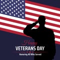 Happy veterans day banner, silhouette of a saluting us army soldier veteran on flag background. US national day november 11 Royalty Free Stock Photo