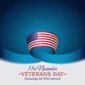 Happy veterans day banner. US national day november 11. Waving american flag on blue sky background. Vector illustration, poster Royalty Free Stock Photo