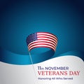 Happy veterans day banner. Waving american flag on blue sky background. US national day november 11. Typography design, poster Royalty Free Stock Photo