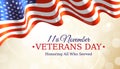 Happy veterans day banner, waving american flag on golden bokeh background. US national day november 11. Poster, typography design Royalty Free Stock Photo