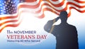 Happy veterans day banner, waving american flag, silhouette of a saluting us army soldier veteran on blue sky background. US