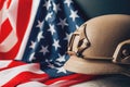 Military helmets and American flag on background Royalty Free Stock Photo