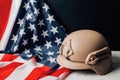 Military helmets and American flag on background Royalty Free Stock Photo