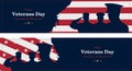 Happy Veterans Day. Greeting card with USA flag, map and soldiers on background. National American holiday event. Flat vector illu Royalty Free Stock Photo